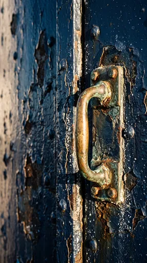 Weathered Brass Handle on Blue Metal Door