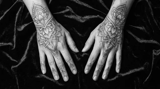 Monochrome Hands With Mandala Lotus Tattoos
