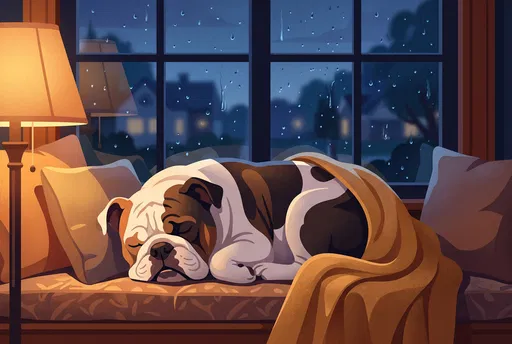 Sleeping Bulldog on Rainy Window Seat