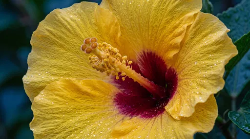 Close-up of Yellow Hibiscus with Dewdrops