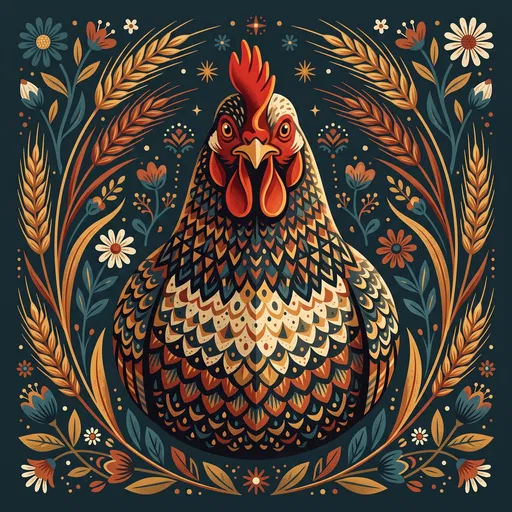 Folk Art Hen With Floral Border