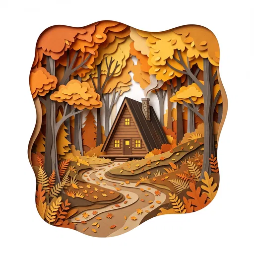 Paper Cutout Autumn Forest Cabin Illustration