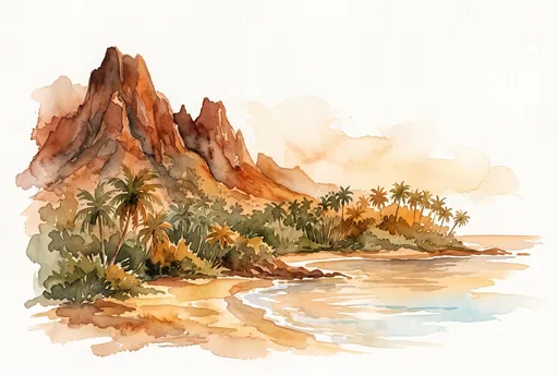Warm Watercolor Tropical Island Landscape