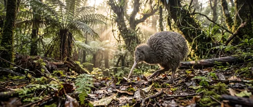 Kiwi Bird Walking in Sunlit Forest