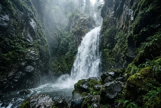 Misty Canyon Waterfall Among Mossy Rocks