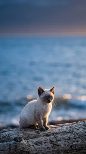 Siamese Kitten on Driftwood by Ocean