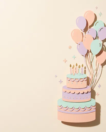 Pastel Paper-Cut Birthday Cake and Balloons