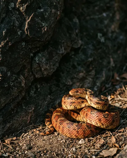 Coiled Red Bull Snake Against Dark Rock