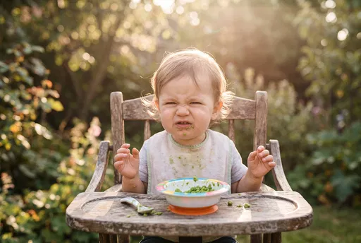 Toddler Grimacing at Mashed Peas Outdoors
