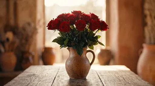 Red Roses in Rustic Ceramic Pitcher
