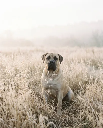 Mastiff Sitting in Misty Dry Grass Meadow