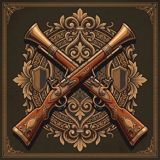 Crossed Blunderbuss Firearms Over Ornamental Emblem
