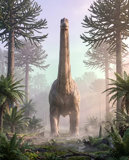 Sauropod Dinosaur in Misty Prehistoric Forest