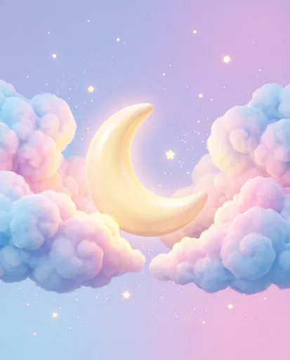 Whimsical Pastel Crescent Moon and Fluffy Clouds