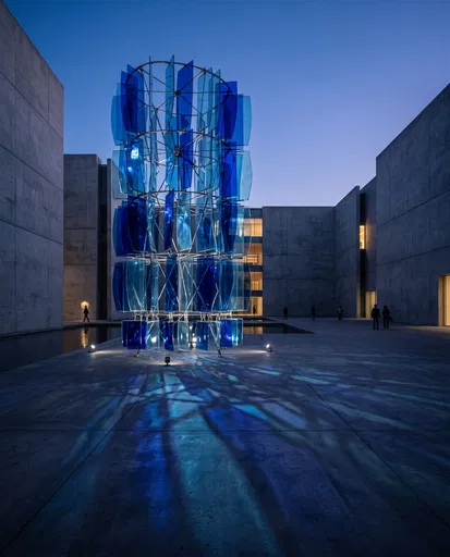 Blue Glass Sculpture in Concrete Courtyard