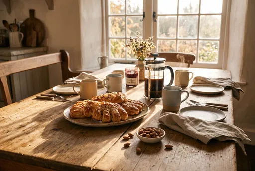 Sunlit Farmhouse Breakfast Table With Pastries