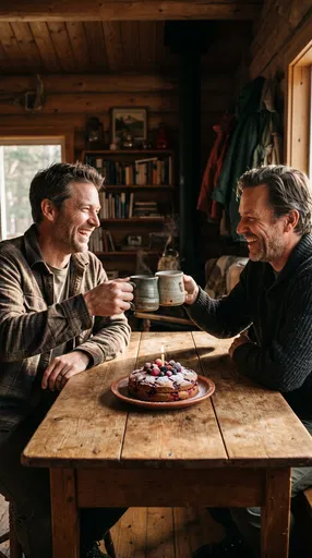 Two Friends Celebrating Birthday in Cabin
