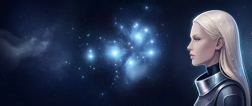 Blonde Space Traveler Facing Star Cluster