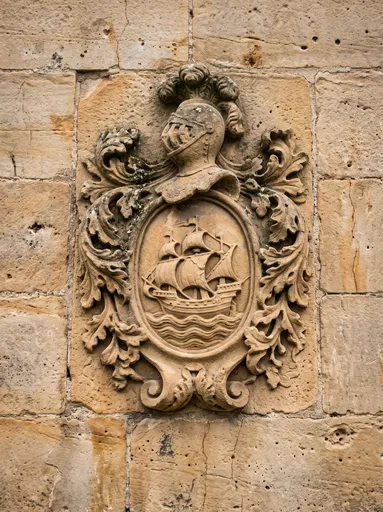 Weathered Sandstone Heraldic Ship Relief