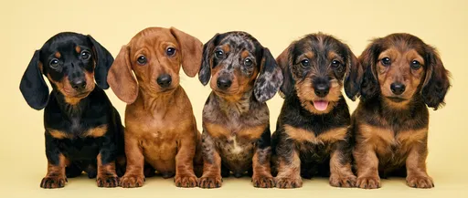 Five Dachshund Puppies on Yellow Background
