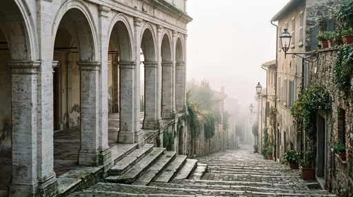 Misty Italian Stone Colonnade and Alley
