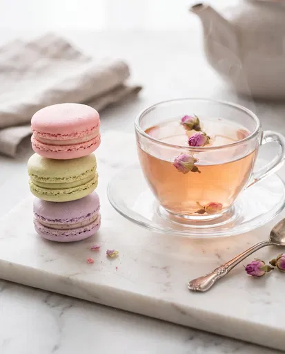 Pastel Macarons and Rosebud Tea on Marble