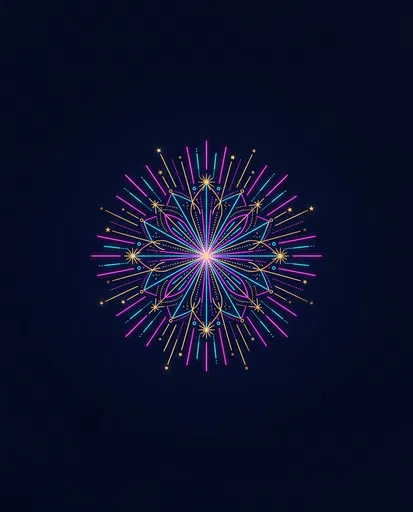 Neon Geometric Firework Burst on Dark Blue
