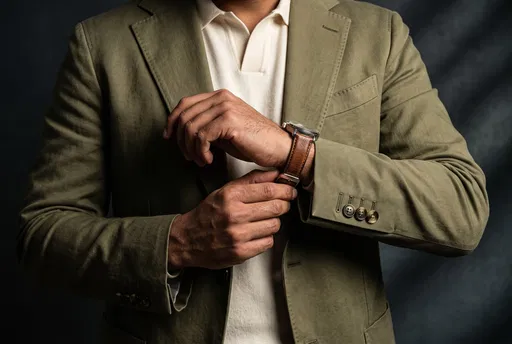 Man in Olive Suit Adjusting Watch