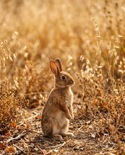 Wild Rabbit Standing in Golden Field