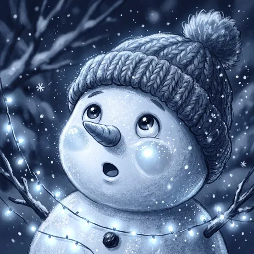 Cute Snowman Gazing at Fairy Lights
