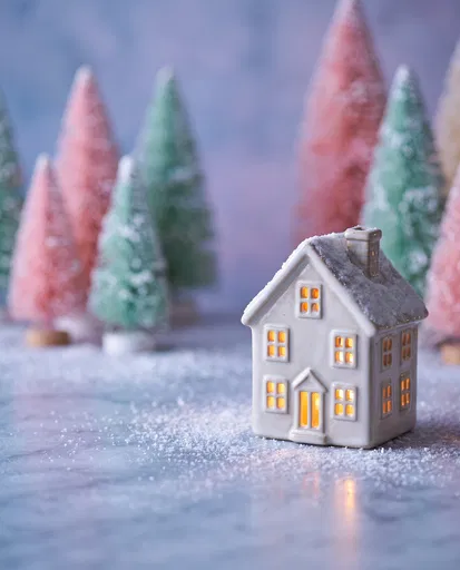 Glowing Ceramic Christmas House With Pastel Trees