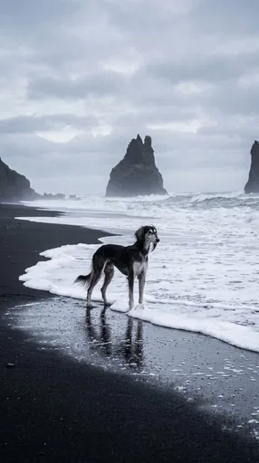 Saluki Dog on Black Sand Beach