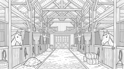 Wooden Barn Interior With Horses Coloring Page