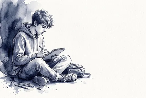 Indigo Watercolor Boy Sketching in Pad
