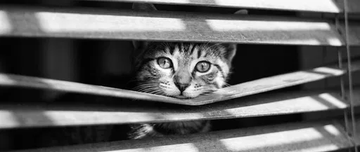 Kitten Peering Through Wooden Window Blinds