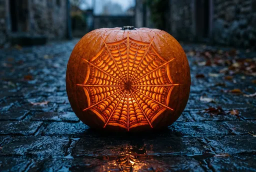 Glowing Spiderweb Carved Pumpkin on Wet Cobblestones