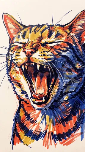 Vibrant Marker Drawing of Yawning Cat