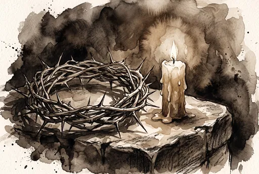 Sepia Watercolor Crown of Thorns and Candle