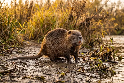 Nutria on Muddy Riverbank at Golden Hour