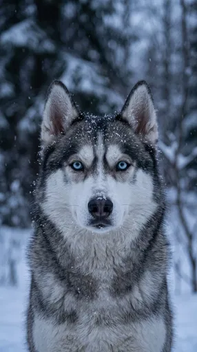 Blue-Eyed Siberian Husky in Winter Forest