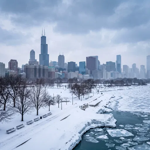 Snowy Chicago Skyline and Icy Lakefront