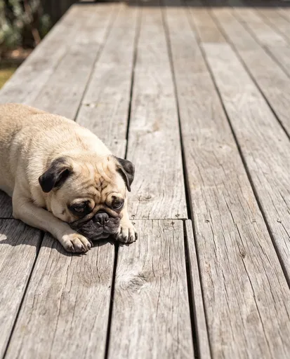 Fawn Pug Resting on Wooden Deck