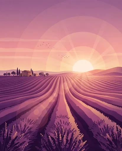 Stylized Lavender Field Sunrise Illustration