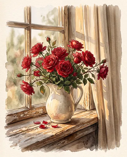 Watercolor Red Roses on Sunny Windowsill