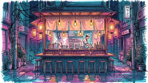 Marker Illustration of Night Noodle Stall