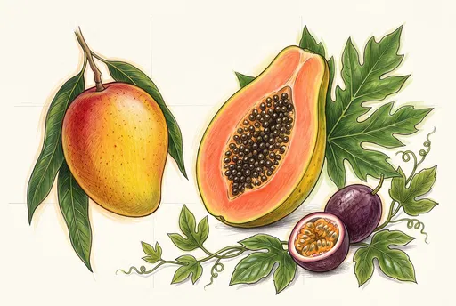 Botanical Illustration of Tropical Fruits