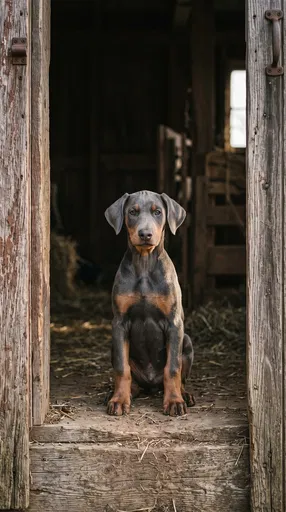 Blue Doberman Puppy in Barn Doorway