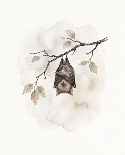 Watercolor Sleeping Bat on Autumn Branch