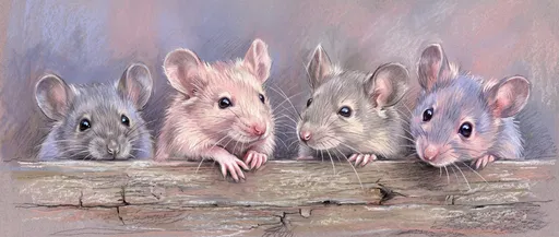 Pastel Drawing of Four Cute Mice