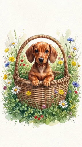 Watercolor Dachshund Puppy in Flower Basket